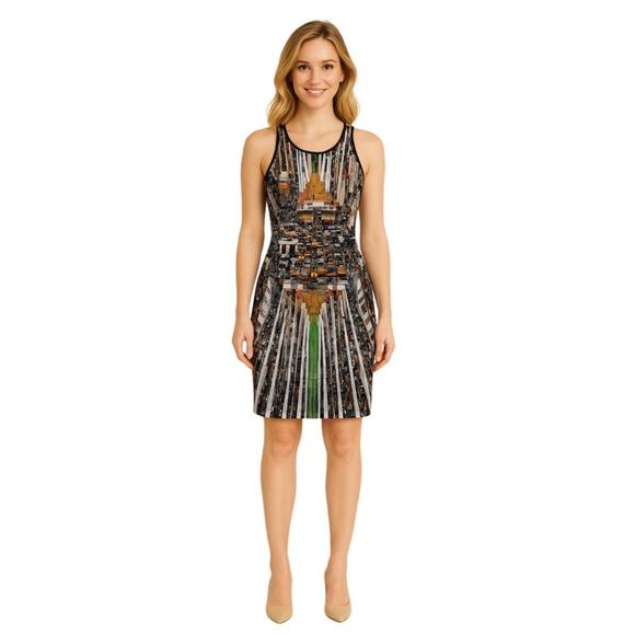 Clover Canyon City Traffic Graphic Art Neoprene Dress Flattering Spandex Medium - Picture 1 of 10